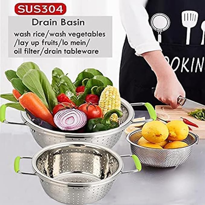 Stainless Steel Deep Colander Micro-perforated 2.5 Quart Metal Food Strainer with Green Silicone Handles for Draining Pasta Cleaning Food like Fruit