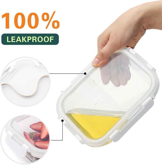 Cuiselect 10 Pack 22 Oz Glass Meal Prep Containers with Lids, Reusable Glass Food Storage Containers with Lids, Leak Proof, Microwave, Oven, Freezer and Dishwasher Safe (White)