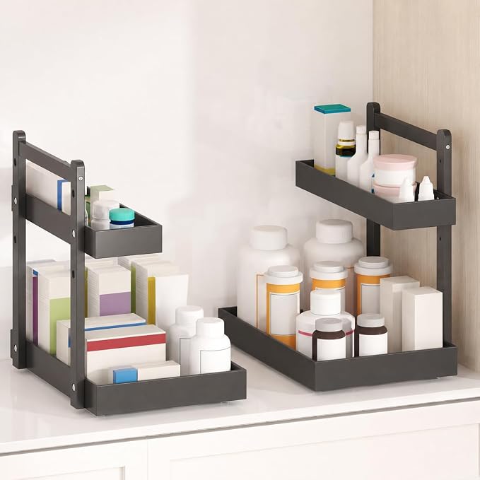 Bamboo Under Sink Organizer 2 Pack, 2-Tier Pull Out Cabinet Organizer | Kitchen Sink Organizer | Bathroom Cabinet Organizer | Cleaning Supply Storage | L-Shape | 3-Level Adjustable | Natural Bamboo