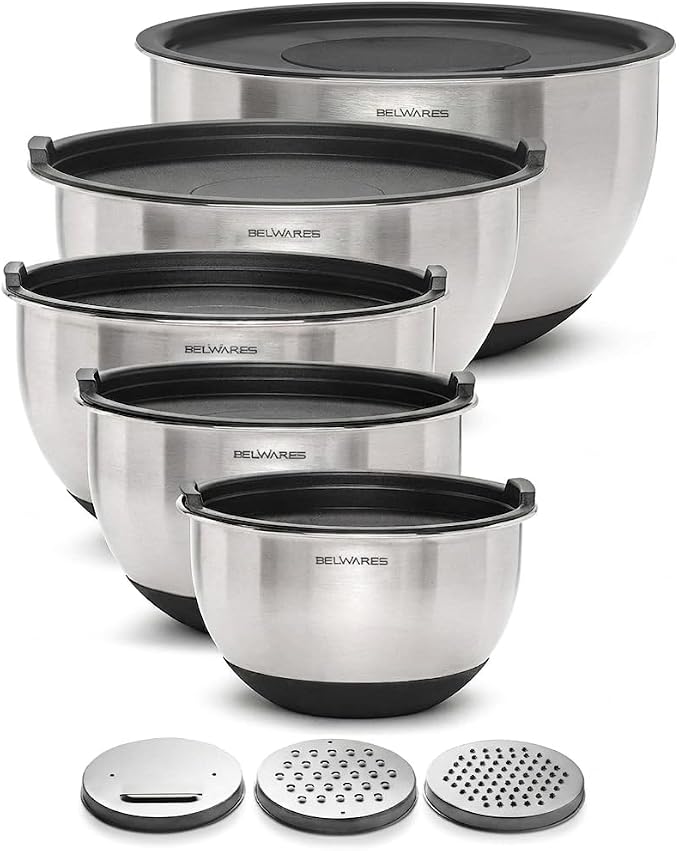 Belwares Mixing Bowls with Lids Set of 5 - Stainless Steel Mixing Bowl Set, Nesting Metal Bowls with Non Slip Bottoms + 3 Grater Attachments, Airtight Lids for Baking, Food Prep + Storage, Black
