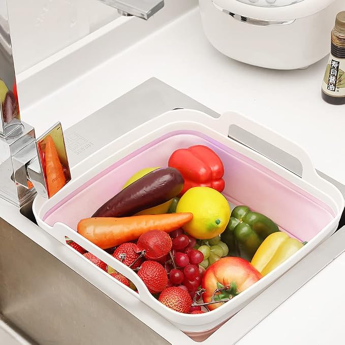 Dish Basin Collapsible with Drain Plug Carry Handles for 9L Large Capacity, Washing Basin, Collapsible Dish Tub for RV Sink, Vegetable, Fruit, Food Sink Strainer Dish Washing Tub - Pink