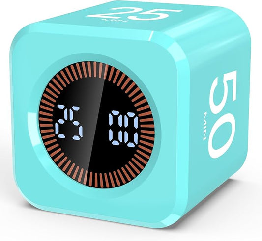 Digital Pomodoro Timer Cube 5/10/25/50min, Visual Productivity Flip Timer for Kids Classroom Desk, Custom Countdown, Silent and Sound Mode for ADHD Study Work Game Kitchen (Mint Green)