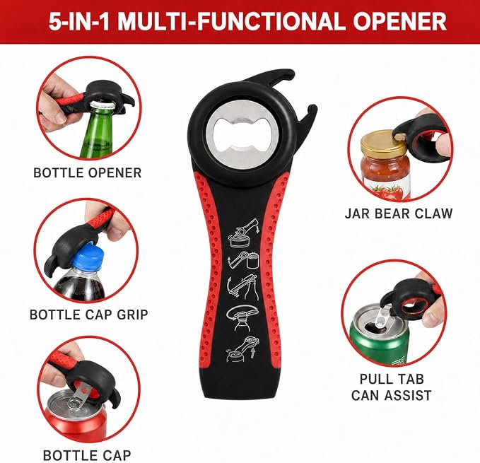 Jar Opener & Bottle Opener Set, Non Slip Lid Grip Remover, Multi Kitchen Tool for Seniors, Arthritis, Weak Hands(Red)