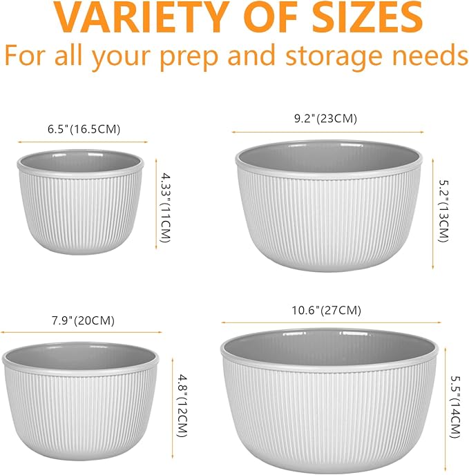 BoxedHome 4.97 Quarts Nesting Plastic Mixing Bowls, BPA-Free Plastic, Microwave and Dishwasher Safe, Set of 4, 4.97/3.38/2.22/1.27 quart, Gray