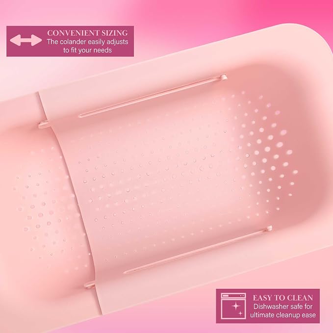 Paris Hilton Over the Sink Expandable Colander, Extendable Strainer, Adjustable from 14.5 inches to 19.5 inches, Fits most kitchen sinks, Made without BPA, Pink