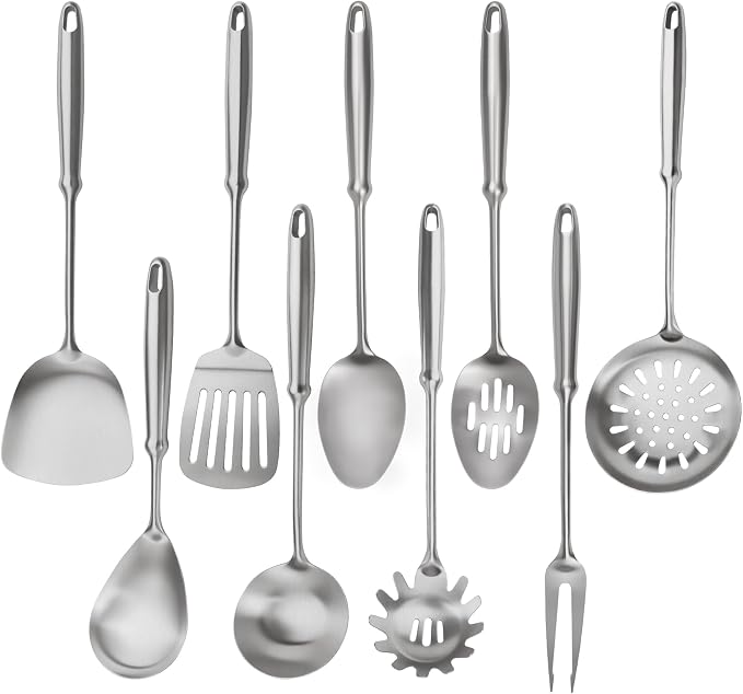 304 Stainless Steel Cooking Utensils Set, 9 PCS Metal Stainless Steel Kitchen Utensils Set, Serving Spoon, Spaghetti Spoon, Skimmer, Meat Fork etc (Dishwasher Safe)