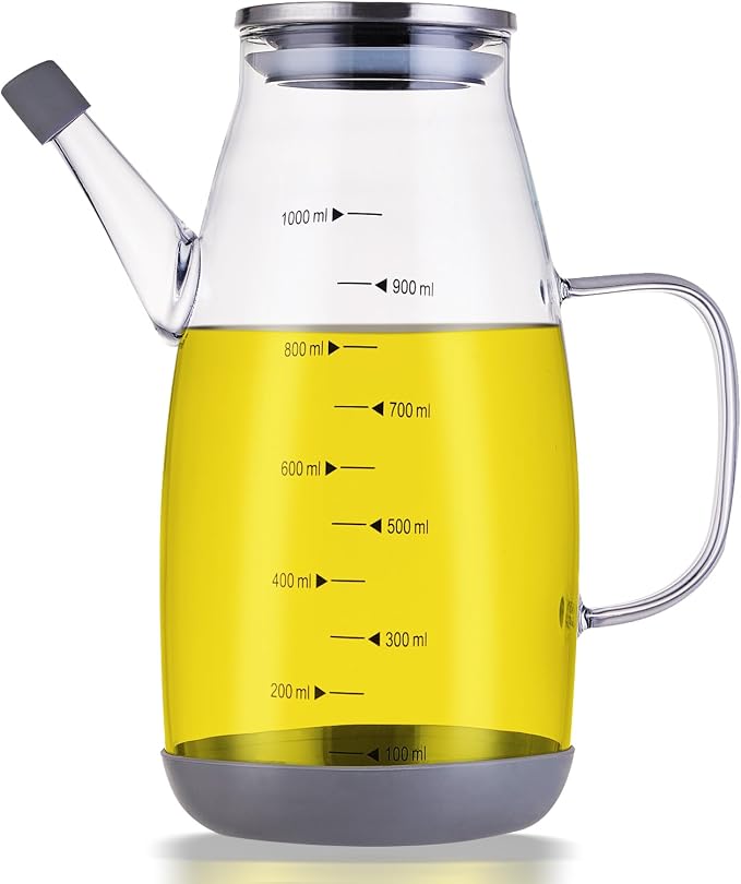 Oil Dispenser for Kitchen, 34OZ Glass Oil Bottle with Drip Free Spout and Non Slip Bottom, High Borosilicate Glass, 1000ml Capacity for Olive Oil, Vinegar, Soy Sauce, Cooking (1000ml)