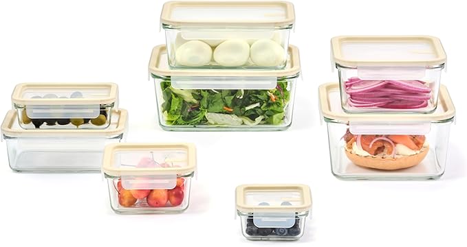 Glasslock Sens 16Pcs Glass Food Storage Set – Airtight & Leakproof, 8 Different Sizes, Anti Slip Lid, Microwave & Oven Safe, Perfect for Meal prep, Lunch Box, Nestable & Stackable, Pantry Storage