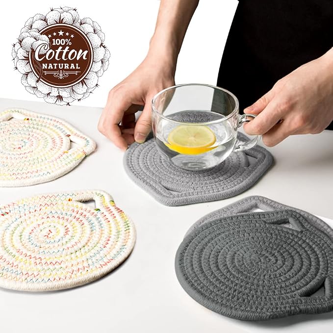 7" Pure Cotton Trivets Set with 0.35" Thick (3 Pcs, Grey) | Tightly Woven, Machine Washable, Heat Resistant, Cute Cat Kitchen Accessories for Hot Dishes Pots Pans, Decor, Gift