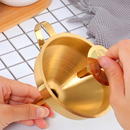 Buyer Star 2PCS Funnel with Detachable Filter,18/8（304） Stainless Steel, Food Grade Metal Kitchen Funnels (Gold)