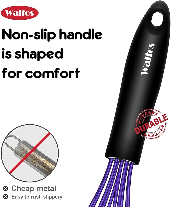 Walfos Silicone Whisk, Non Scatch Coated Whisk for Cooking & Baking- Set of 3-Heat Resistant Kitchen Whisks for Non-stick Cookware, Balloon Egg Wisk Perfect for Blending, Beating, Frothing （Blue）