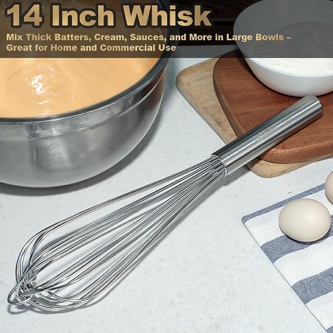 Webake 14 Inch Commercial Whisk, 304 Stainless Steel Large Whisk, Extra-Thick 2.5mm Wires, Professional Kitchen Tool for Mixing, Beating, Blending
