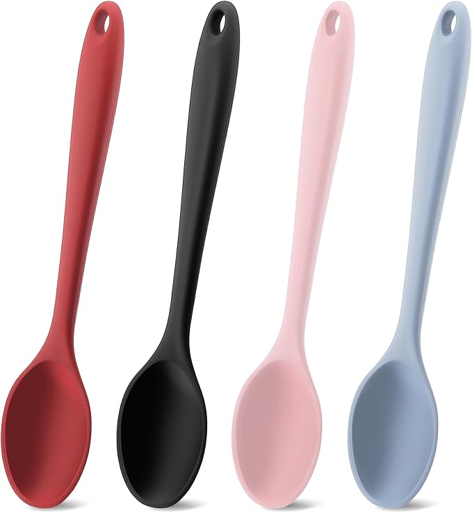 Silicone Spoons for Cooking, 4 Pcs Large Serving Spoon Heat Resistant Cooking Spoon Nonstick Mixing Kitchen Spoons for Cooking Baking Serving Mixing and Stirring Dishwasher Safe,Red, Black, Pink, Gray