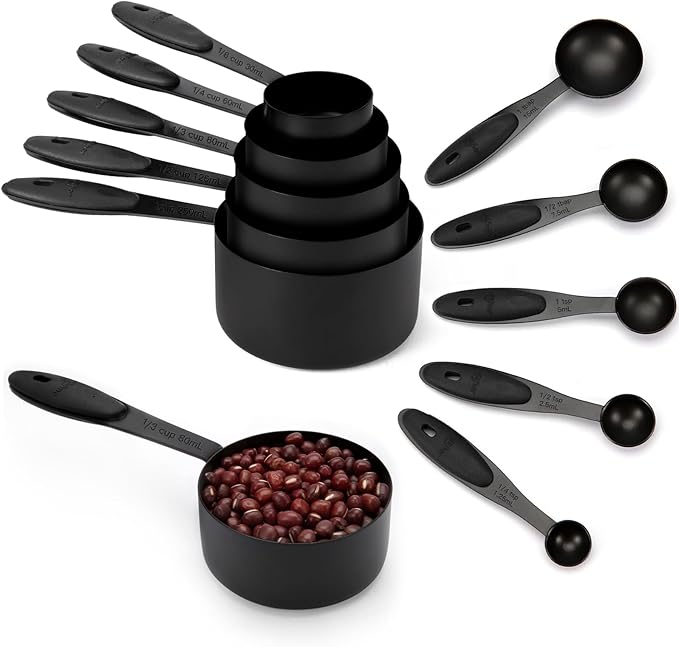 JOYHILL Measuring Cups and Spoons Set 304 Stainless Steel 10-Piece Black | BPA-Free Silicone Handles, Etched Markings, Nestable Design, Dishwasher Safe for Dry & Liquid Ingredients