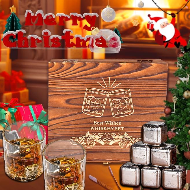 Whiskey Glasses Gifts Set for Men, Whiskey Stones Bourbon Drinking Glass with Wooden Gift Box, Cocktails Scotch Cups Birthday Gift Set for Him