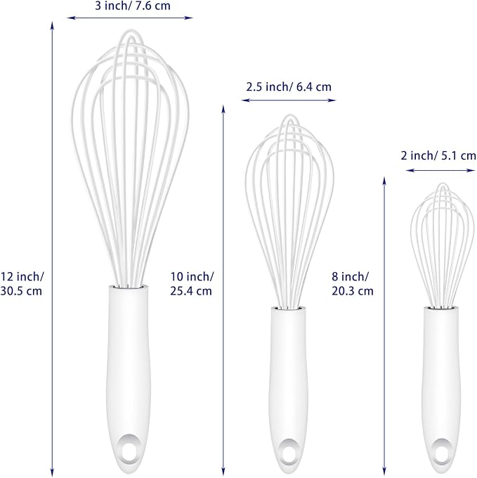 OYV White Silicone Whisk, Sealed Waterproof Design Set of 3, Professional Kitchen Whisks for Cooking Non-Scratch, Silicone&Stainless Steel Whisk, Heat Resistant 480°F Rubber wisk, BPA free
