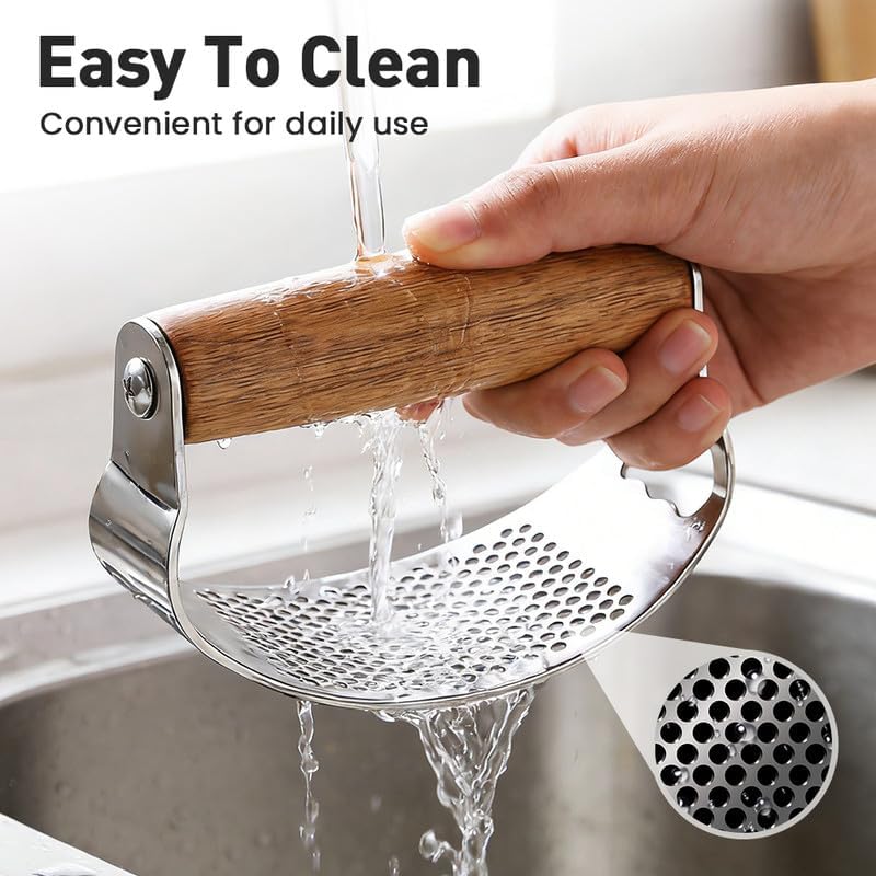 Stainless Steel Garlic Press Rocker with Garlic Peeler & Cleaning Brush