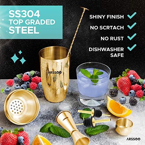 Cocktail Shaker Set: 7-Piece Stainless Steel 25.3OZ Martini Shaker Mixology Bartender Kit | Perfect Home Professional Bar Tools for Beginner's Drink Mixing & Gifts | ARSSOO Drink Shaker Gift (Gold)
