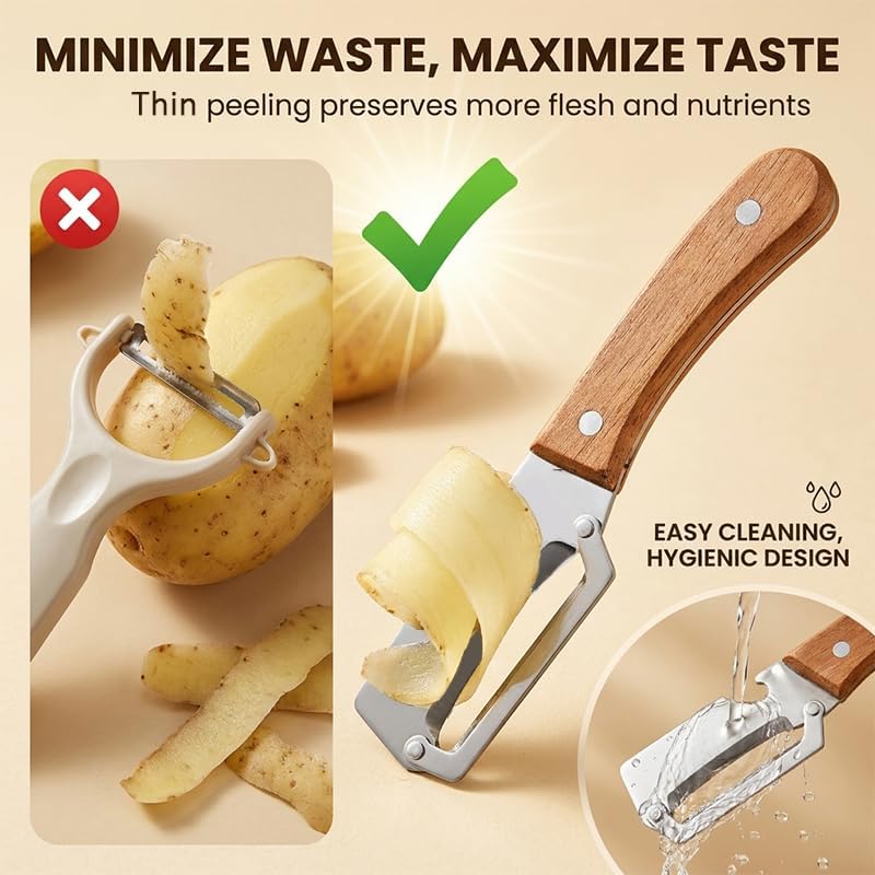 Multifunctional Vegetable Peeler with Wooden Handle, 3-in-1 Stainless Steel Fruit Peeler, Julienne Shredder, Kitchen Bottle Opener, Manual Veggie Slicer for Potatoes & Carrots, Style A 1PC