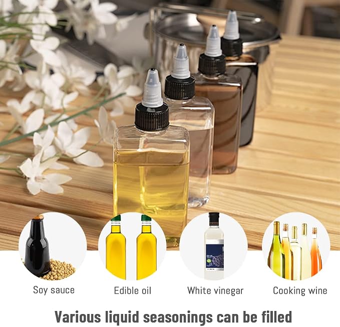 LELE LIFE 8Pcs Small Oil Dispenser Bottle for Camping, 3.4oz Leak-Proof Squeeze Condiment Bottle with Twist Top Cap, Liquid Condiment Container Dispensing Bottles for Oil Soy Sauce Vinegar