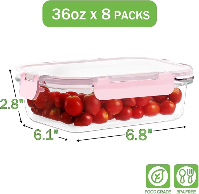 8-Pack 36oz Large Glass Meal Prep Containers with Leakproof Snap-Lock Lids | Borosilicate Glass Food Storage Containers and Bento Boxes , BPA-Free, Oven, Freezer and Dishwasher Safe-Pink