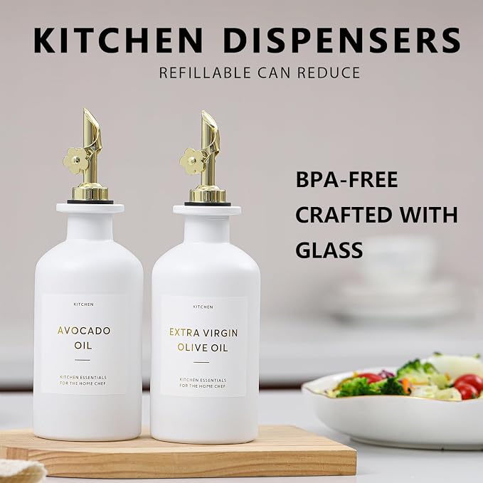 HOMCDALY Olive Oil Dispenser for Kitchen, 12oz Glass kitchen Dispenser Bottle, Gold Oil&Vinegar Cruet Set, Leakproof Oil Containers for Cooking| Set of 2 (12oz – Gold)
