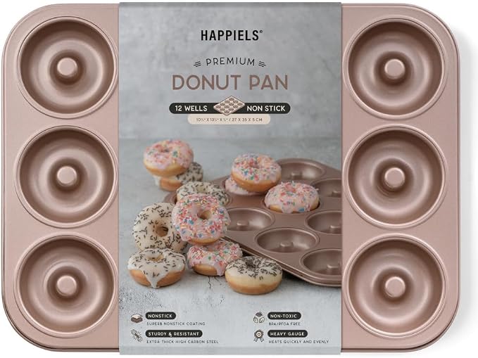 12 Well Donut Pan Nonstick, PFOA & BPA Free | | Non-Toxic - High Carbon Steel - Gold - Donuts Mold for Oven Baking