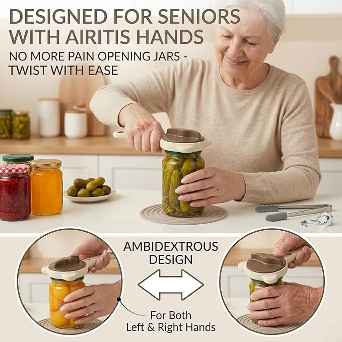 Jar Opener for Seniors with Arthritis & Weak Hands -Csailvoy-Bottle Opener | Stainless Steel 3-Claw Grip 4 in 1 Multi-Purpose Jar Opener, Adjustable 1-3.5 Inch for Jars & Bottle Caps, Open Tight Lids