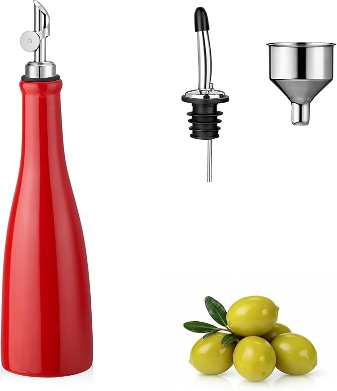 YOLIFE Olive Oil Dispenser Bottle, 15oz Ceramic Oil Dispenser for Kitchen | Oil Bottle with Gravity Spout, Leak Proof EVOO Dispensing Bottle with 2 Spouts and 1 Funnel for Vinegar, Juice(Red)