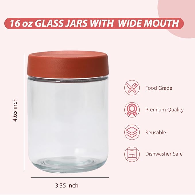 Artcochan Overnight Oats Containers with Lids 16 oz Glass Jars 6 Pack Glass Mason Jars with Airtight Lids, Perfect for Oats, Yogurt, Chia Pudding, Snack