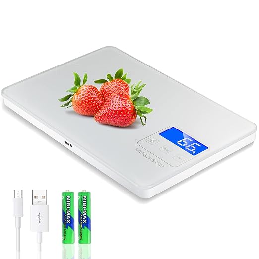 MEGAWISE Food Scale, 33lb Rechargeable Digital Kitchen Scale with 1g/0.04oz Graduation, Water-Resistant Surface, Tare & Hold, 5 Units for Cooking, Baking, Meal Prep