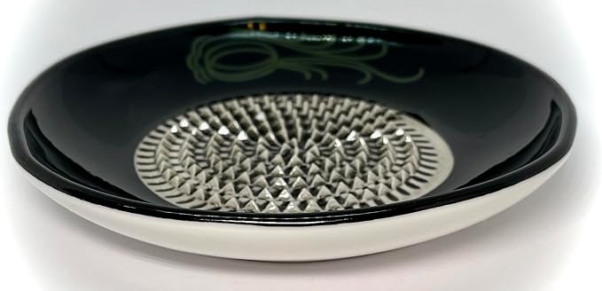 BonCera, All-in-one Premium Ceramic Garlic Grater Plate 4-Piece Set - Black Garlic Design - for Garlic, Ginger, Chocolate, and More! - Comes with 5.25" Plate, Peeler, Brush, and Stand