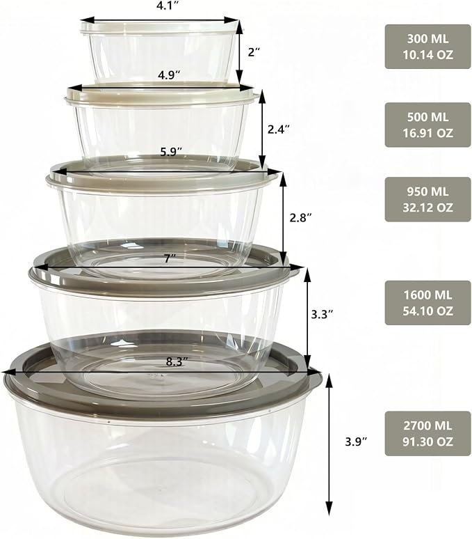5-Piece Plastic Mixing Bowl Set with Lids for Kitchen, Nesting Kitchen Bowl Set for Mixing Baking, Prepping, Cooking & Food Storage Microwave Safe (Grey)