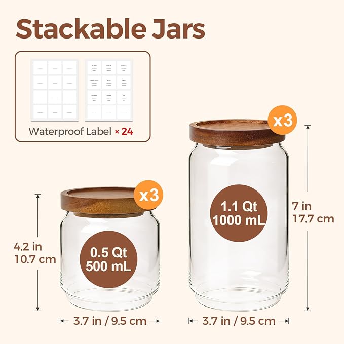 ComSaf Glass Pantry Storage Container with Acacia Wood Lids 1.1/0.5Qt 6Pack | Food Canister for Cooks, Oats Coffee Sugar Nuts Snacks Tea Candy, Pantry Kitchen Living Room, Stacked Design, Jar with Labels
