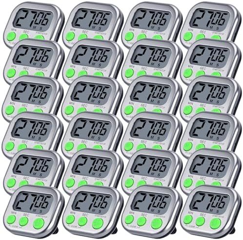 Leumoi 24 Pack Multi-Function Digital Timers with Magnetic Back, Large LCD Display, Loud Alarm, Count up & Countdown, Memory Function for Cooking, Classroom, Study, Exercise & Work(Sliver and Green)