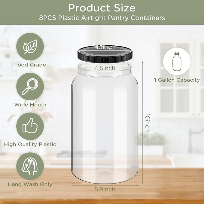 8 Pcs 1 Gallon Clear Plastic Jars Airtight Pantry Large Mouth Jars Plastic Jug Cylinder Containers with Lids for Candy Butter Honey Sugar Cookies Arts Crafts Bartender Kitchen (Black Lids)