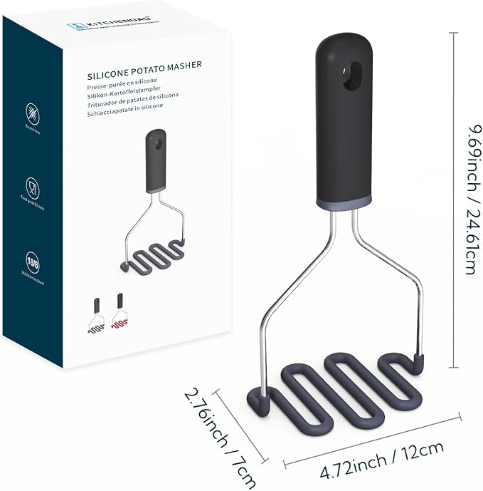 KITCHENDAO Non-Scratch Potato Masher, Heavy Duty 18/8 Stainless Steel Wrapped In Premium Silicone, Soft Touch Handle, Versatile Masher Hand Tool & Potato Smasher, Gift for Christmas-Black