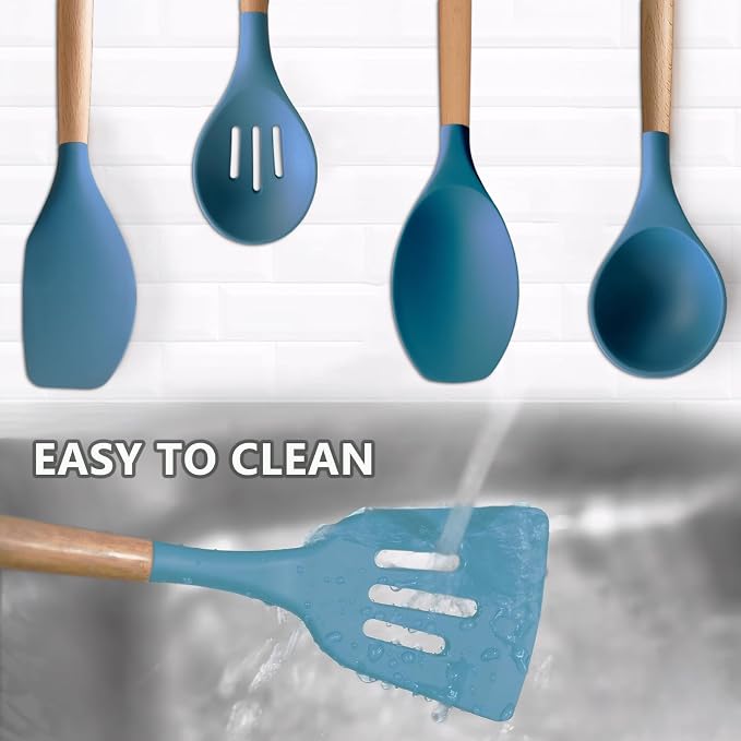 Silicone Kitchen Cooking Utensils Set 5Pcs Non-Stick Silicone Kitchen Utensils Set Spatula Spoon Turner Ladle with Wooden Handle, Heat Resistant Cooking Gadgets for Nonstick Cookware BPA-FREE