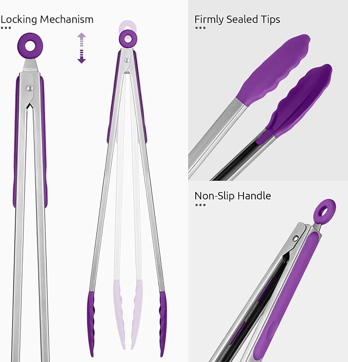 600ºF Heat Resistant Kitchen Tongs: U-Taste 16 inch Extra Long Large Silicone Cooking Tong with Sturdy Non Stick Rubber Tips & Non Slip Silicon Coated 18/8 Stainless Steel Handle for Grill BBQ(Purple)
