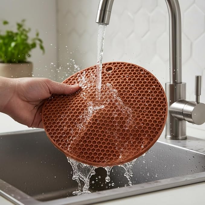 6-Pack Silicone Trivet Mats, Heat Resistant Hot Pads, Dishwasher Safe Kitchen Mats, BPA-Free Pot Holders for Table, Countertop, Stove, Honeycomb Design (Brown, 7” Square/Round)