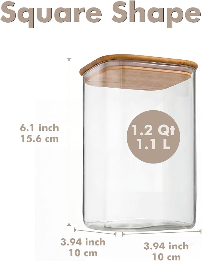 6-Pack 1.2Qt Square Glass Storage Jars with Bamboo Lids | Minimalist Kitchen Organizer,Pantry Storage Container,Food Storage Container,Scandinavian Style Storage,Nordic Style Storage
