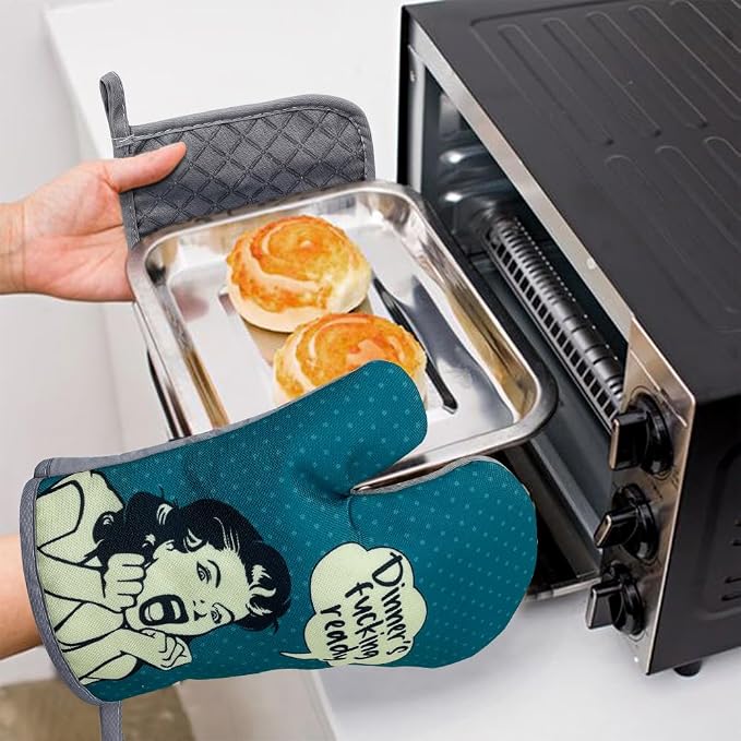 zcyhtqp, Dinner's Fxxking Ready, Funny Silicone Non-Slip Oven Mitts and Pot Holders Sets of 2, Baking Cooking Gifts for Mom Wife, Fun Kitchen Decor for Baking Cooking Grilling