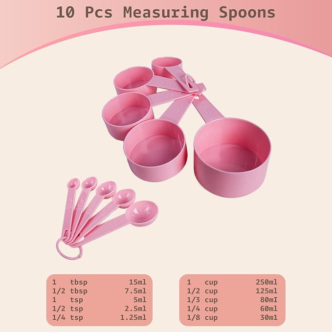 Inmorven 10pcs Measuring Cups and Spoons Set, BPA-Free Plastic Kitchen Baking Tools with Engraved Markings, Stackable Design for Dry & Liquid Ingredients (Pink)