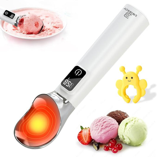 Rechargeable Heated Ice Cream Scoop, LED Display Real-Time Temperature & Battery, 5000mAh Electric Ice Cream Scoop, 158°F Fast Heating IP67 Waterproof with Bee Bracket, Ideal for Hard Frozen Desserts