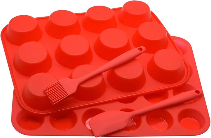 Silicone Muffin Pan Cupcake Set, Non-Stick Regular 12 Cups and Mini 24 Cups,Silicone Baking Molds,BPA Free Muffin Tin with 1 Silicone Spatula & 1 Oil Brush (Red) | Silicone Baking Molds ,BPA Free Muffin Tin with 1 Spatula & 1 Oil Brush，BPA-Free, Dishwa...