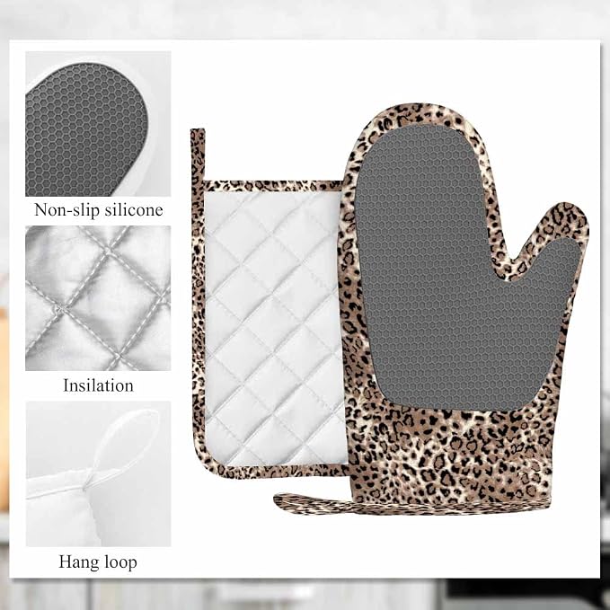 Mxocom Striped Leopard Oven Mitts and Pot Holders Sets Animal Skin Silicone Heat Resistant Kitchen Oven Gloves Pot Holder for Cooking