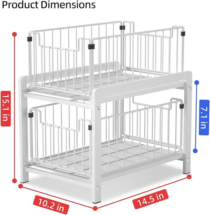 2-Tier Pull Out Cabinet Organizer, Slide Out Under Sink Organizer | Metal Cabinet Baskets with Mesh Sliding Drawer for Home, Office, Bathroom, Kitchen, Pantry Storage Shelf, Large White