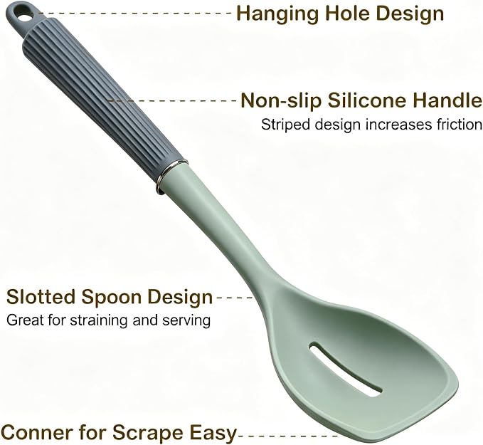 2 Pack Silicone Cooking Spoon Spatulas, 13Inch Non Stick Large Rubber Solid Slotted Spoon Set for Mixing, Draining, Scraping, Heat Resistant Kitchen Utensils, Green+Grey