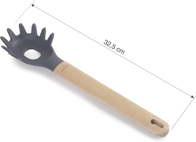 Lacor Unite 68189 Silicone Pasta Spoon, Professional Spaghetti Server, Beech Wood Handle, Does Not Damage the Pan, High Temperature Resistant, BPA Free, 32.5 cm, Grey