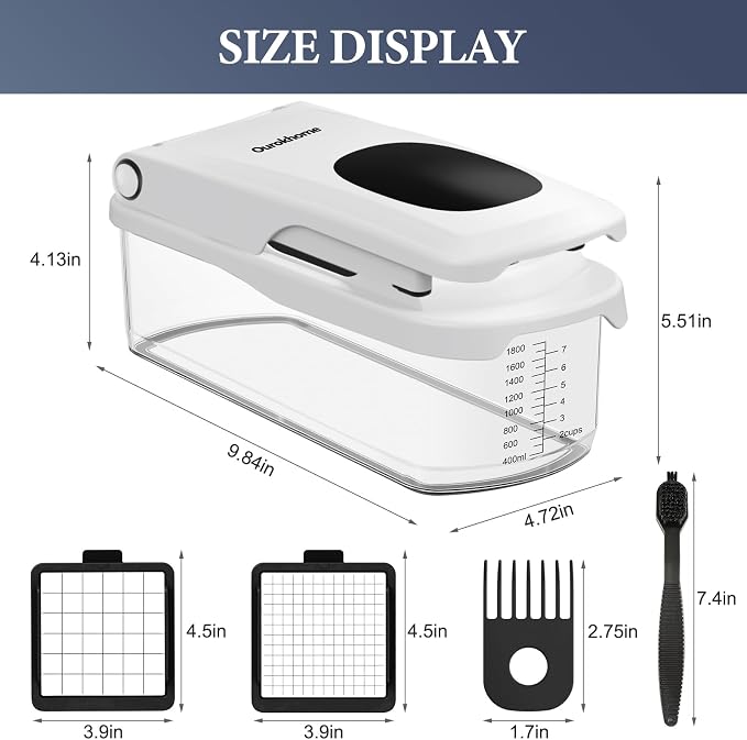 Ourokhome Chopper Vegetable Cutter with Container, Manual Hand Food Onion Dicer with 2 Chopping Blades for Potato Strips, Veggie Cubers, Carrot Sticks, Essential Kitchen Gadgets (2 in 1, White)